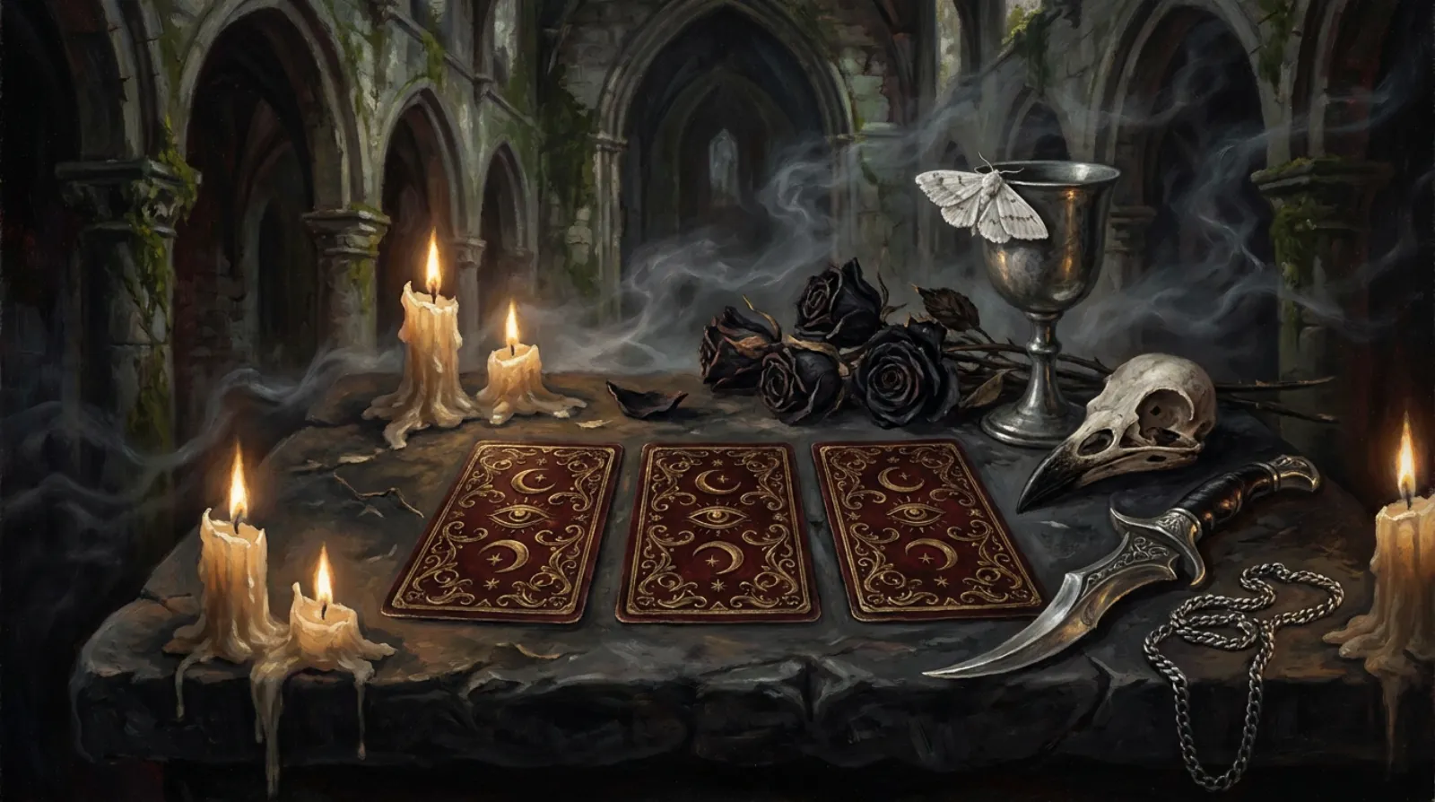 Three ornate cards lie face-down on a black stone altar in a ruined candlelit chapel, among black roses, a pewter goblet with a pale moth on its rim, a raven skull, a curved dagger and a silver chain.